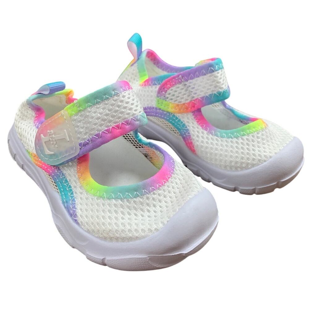 New L-Run Toddler Girl Size 5.5 White Rainbow Mesh Non Slip Hook Loop Shoes